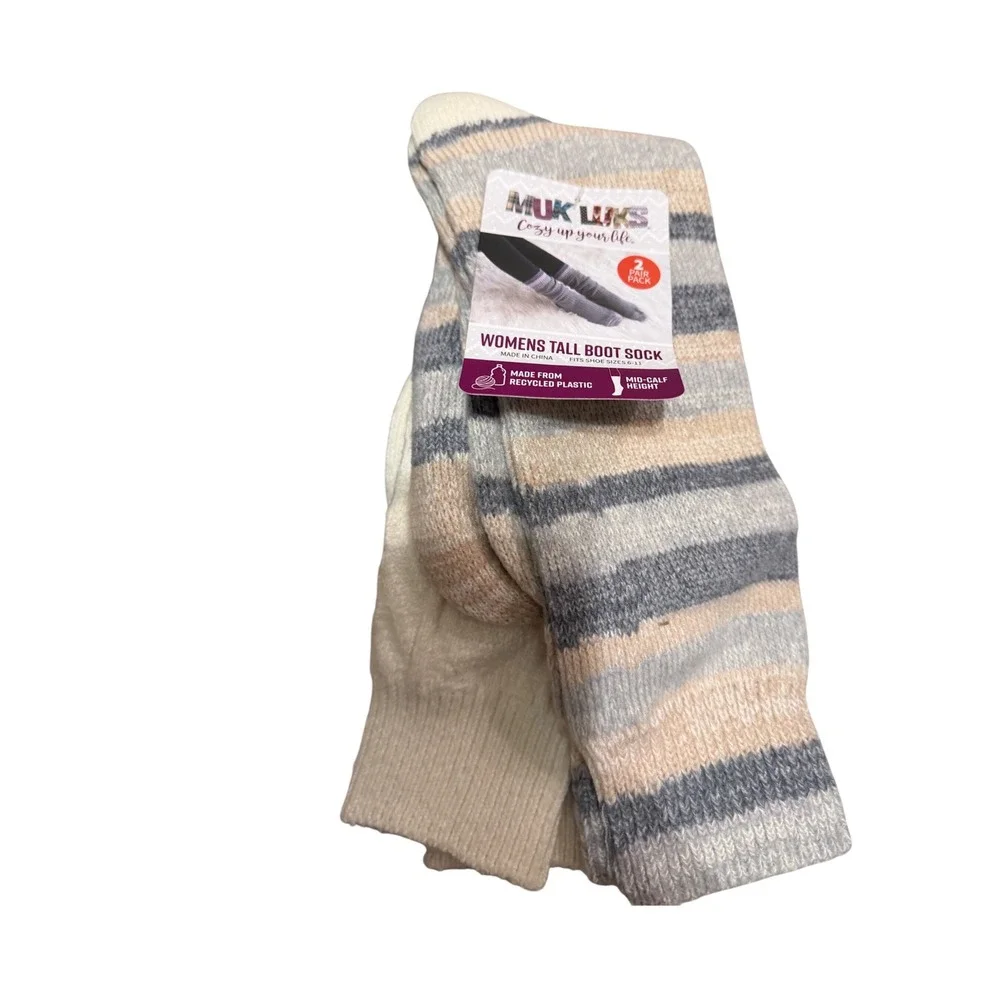 Muk Luks Womens Tall Boot Socks 2 Pack Striped Cream Mid-Calf Shoe Size 6-11 NEW
